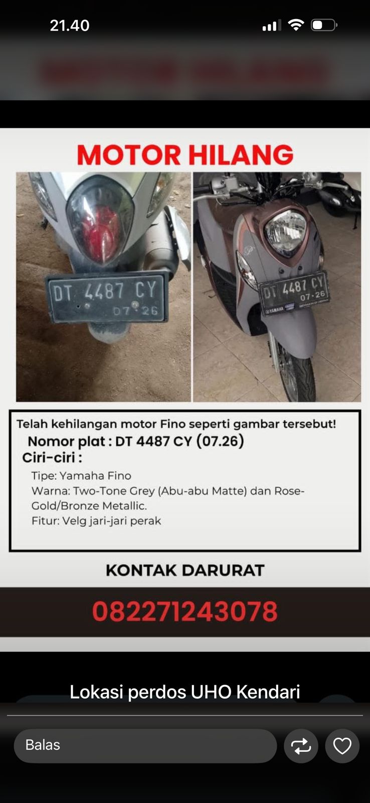 Motor Mahasiswi Hilang di Asrama Sepuluh UHO Kendari Saat Magrib, Korban Rugi Rp20 Juta