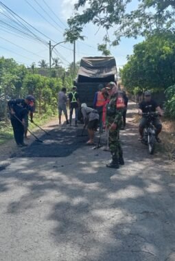 Sinergi TNI dan Warga, Babinsa Kedunggebang Gotong Royong Monitor Perbaikan Jalan Desa